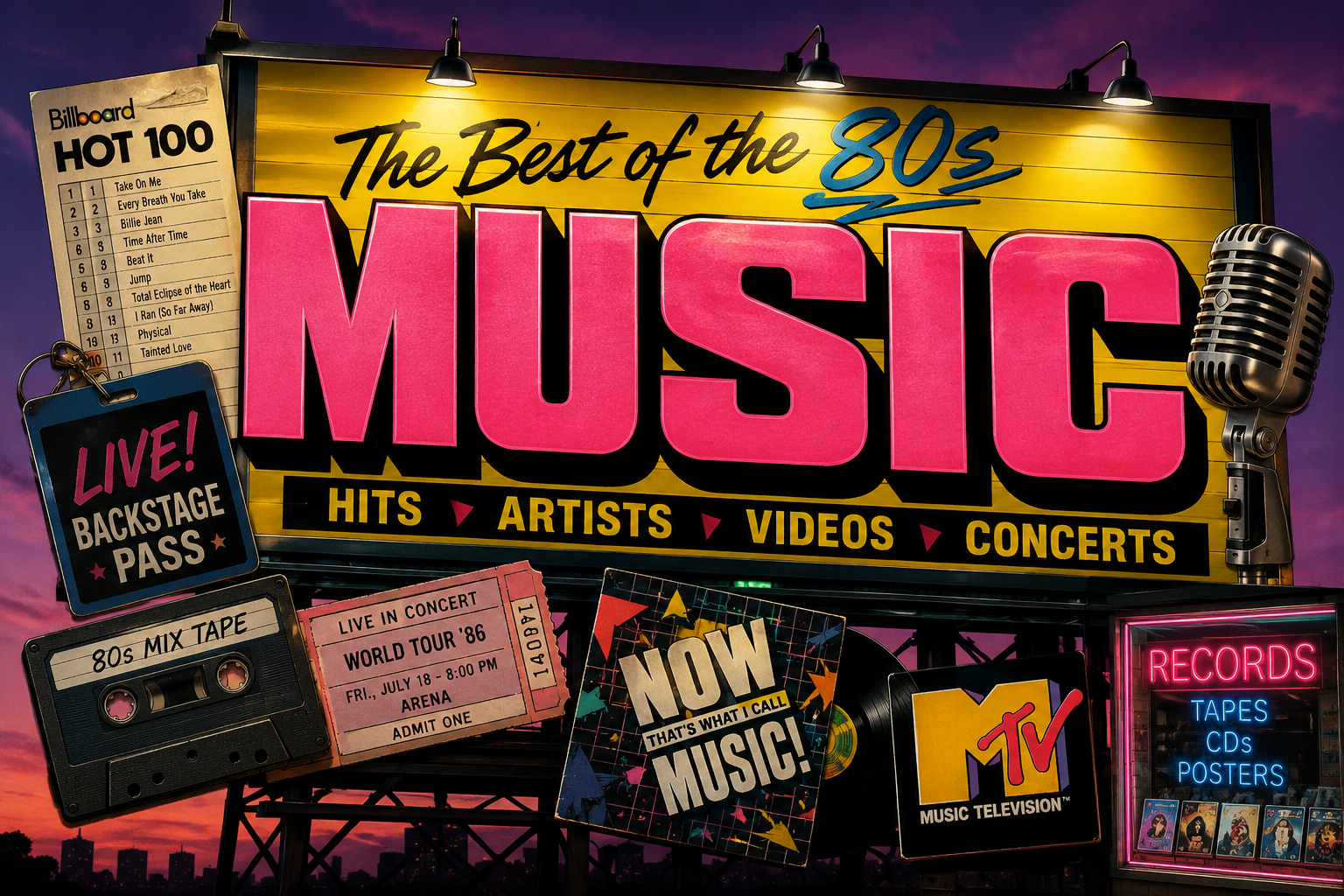 80s music featuring artists, records, cassette tapes, MTV and concerts
